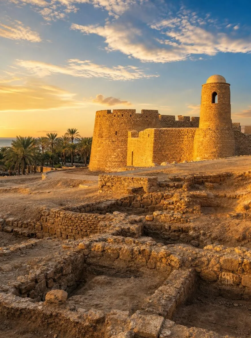 أسوار قلعة البحرين الحجرية المرممة وأبراجها في الساعة الذهبية، مع جدران منقّبة في المقدمة وبساتين نخيل خلفها