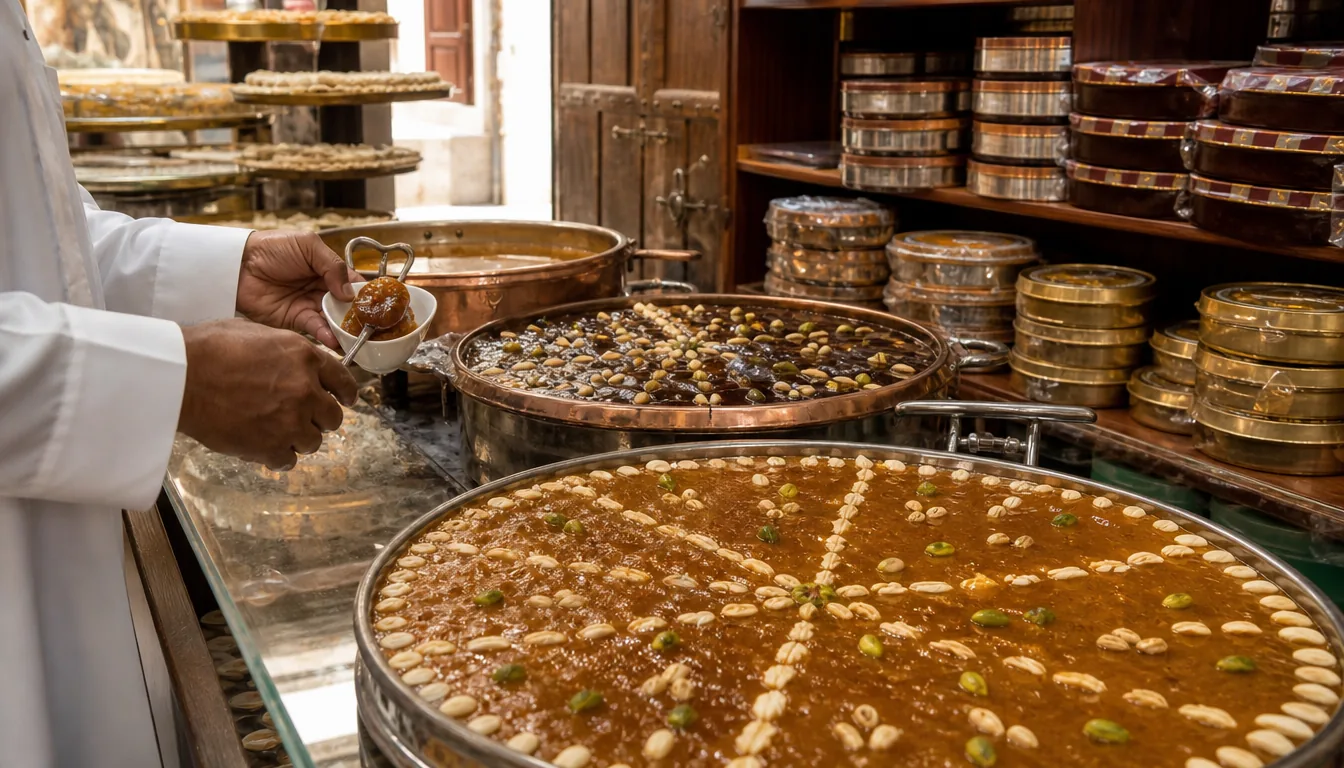 صوانٍ من الحلوى البحرينية الكهرمانية اللامعة المزينة بالمكسرات في محل حلوى تقليدي