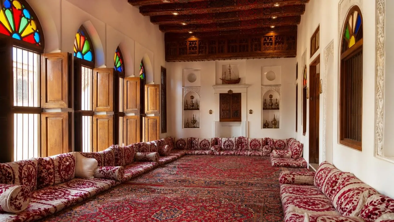 المجلس المرمم في بيت تاجر لؤلؤ في المحرق، بسجاده ووسائده ونوافذه ذات الزجاج الملوّن