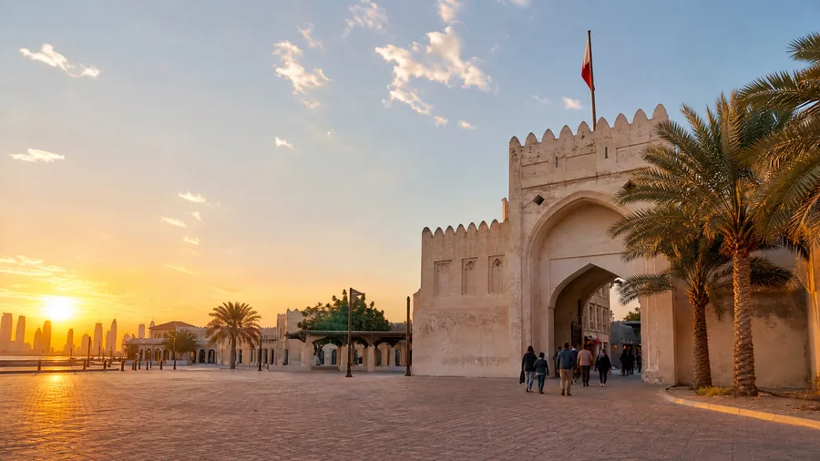 بوابة باب البحرين البيضاء المقوّسة عند الغروب، وإلى جانبها أشجار النخيل وزوار يمشون نحو السوق